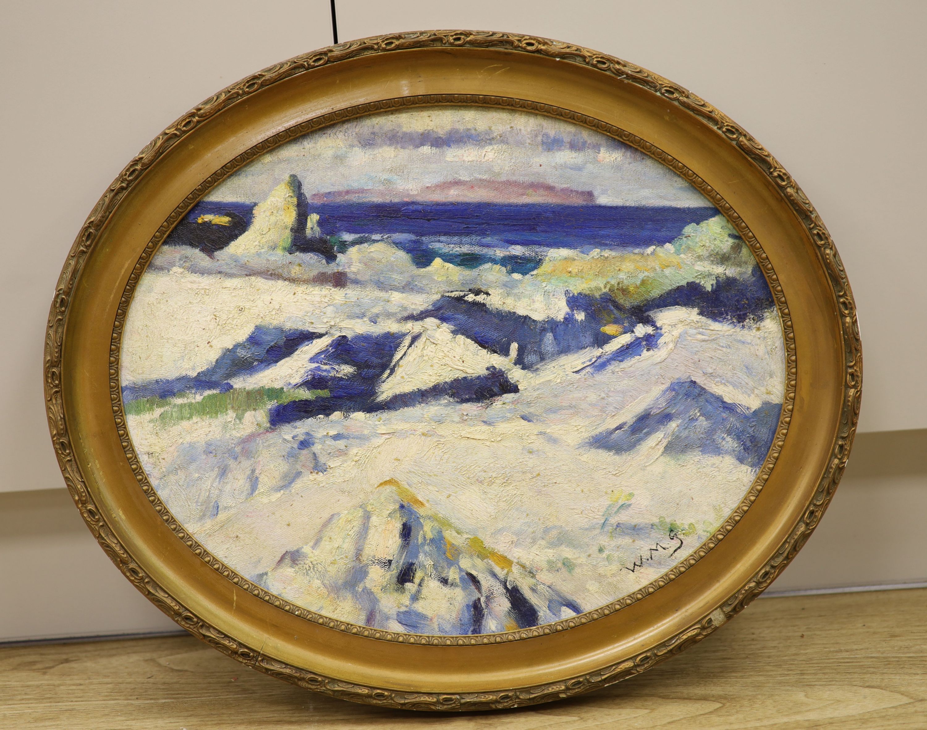 Scottish School, oil on board, West Iona, initialled WMS, oval, 40 x 49cm